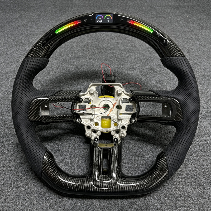 Ford Mustang S550 Carbon Fiber Steering Wheel with Alcantara Grip Nappa Leather LED RPM Display Flat Bottom Racing