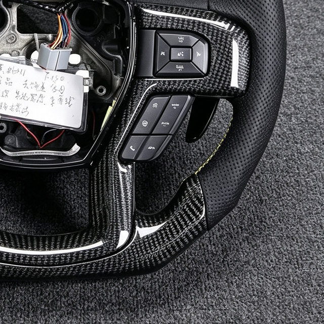 Real Carbon Fiber Steering Wheel for Ford F-150 2021-2023, Flat Bottom Hand-Stitched Perforated with Trim 