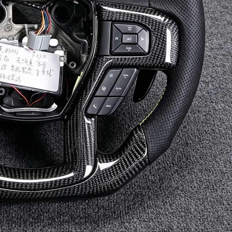 Real Carbon Fiber Steering Wheel for Ford F-150 2021-2023, Flat Bottom Hand-Stitched Perforated with Trim 