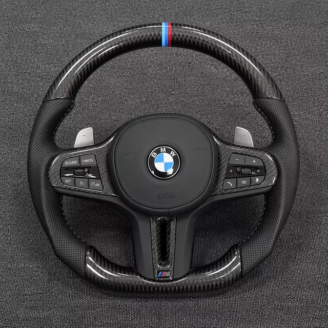BMW M Performance carbon fiber steering wheel with perforated leather grips, M-color center stripe and flat-bottom design