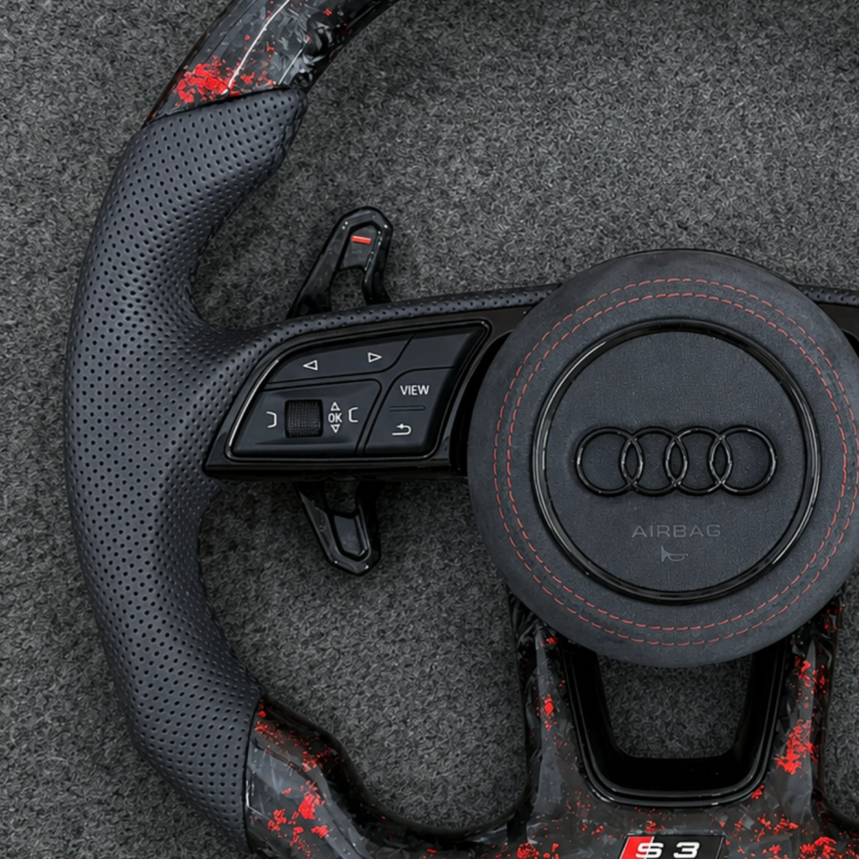 Perforated Leather Grip Detail Of Forged Carbon Steering Wheel For Audi JIONX