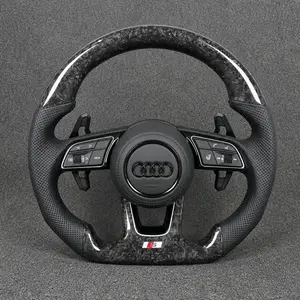 Custom Audi A8 forged carbon fiber flat-bottom steering wheel with perforated Nappa leather and extended paddles
