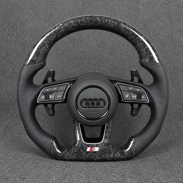 Custom Audi A8 forged carbon fiber flat-bottom steering wheel with perforated Nappa leather and extended paddles