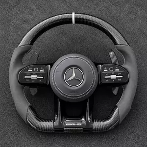 Mercedes C E AMG custom real carbon fiber Alcantara flat-bottom wheel with white stripe, stitching and carbon paddles