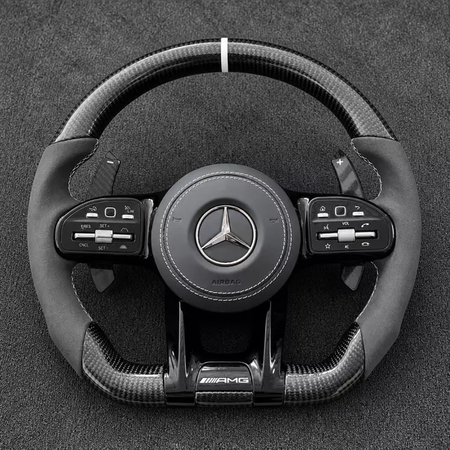 Mercedes C E AMG custom real carbon fiber Alcantara flat-bottom wheel with white stripe, stitching and carbon paddles