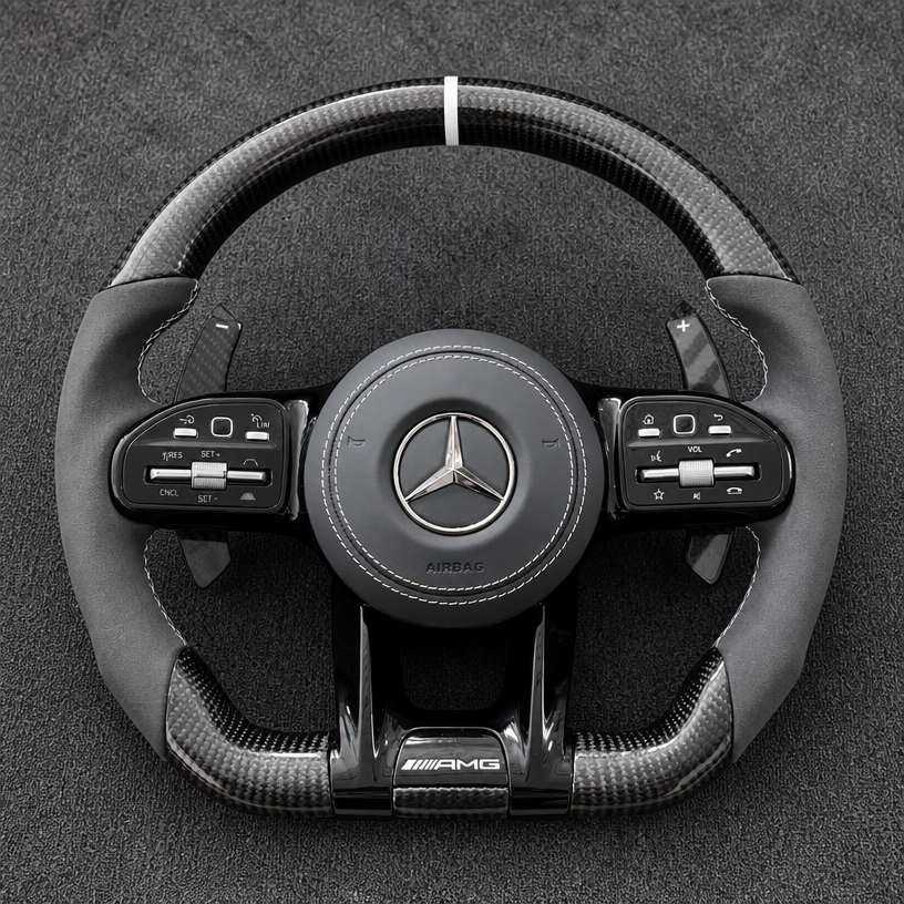 Mercedes A B C E S GLC GLE 2003-2026 W203-W206 W211-W214 Nappa Alcantara Custom Real Carbon Fiber LED AMG Wheel -JIONX