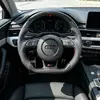 Installed forged carbon flat bottom steering wheel with red racing stitch, gray perforated leather grips, factory fit for Audi S4 B8 B8.5 car interior upgrade