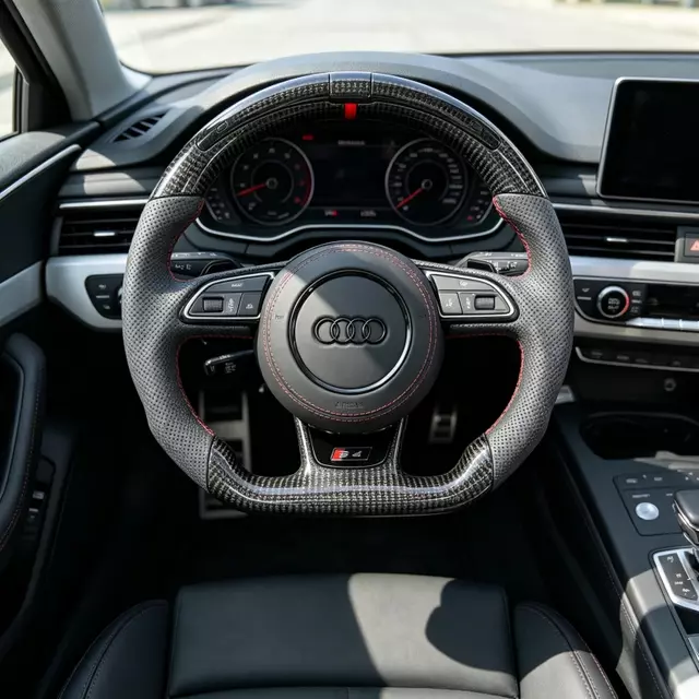 Installed forged carbon flat bottom steering wheel with red racing stitch, gray perforated leather grips, factory fit for Audi S4 B8 B8.5 car interior upgrade