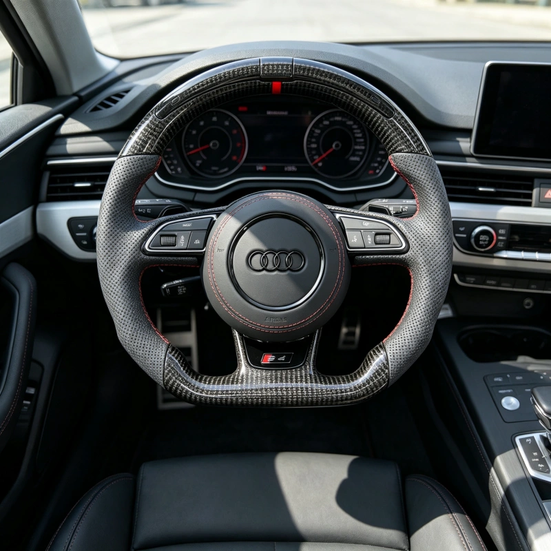Installed forged carbon flat bottom steering wheel with red racing stitch, gray perforated leather grips, factory fit for Audi S4 B8 B8.5 car interior upgrade