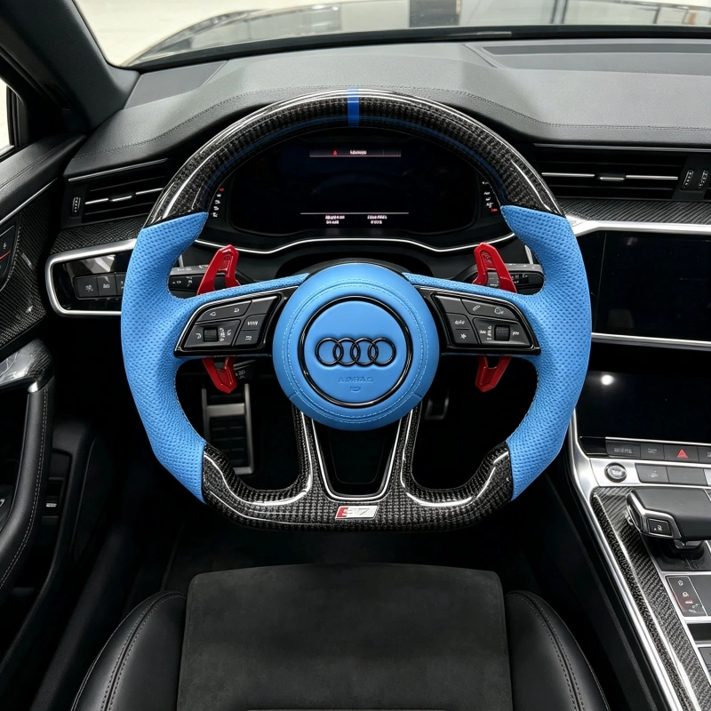 JIONX carbon steering wheel installed interior effect for Audi A7 S7 RS7 C7, D-shaped flat bottom steering upgrade