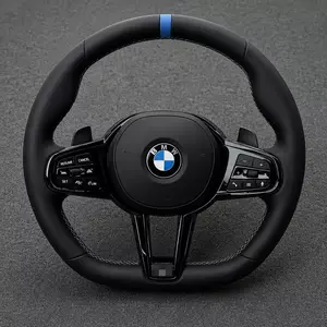 BMW M Performance black Nappa leather steering wheel with blue center stripe, gloss black trim and flat-bottom design