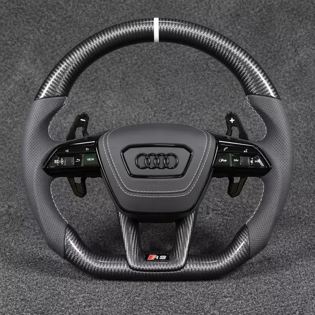 Audi R8 custom carbon fiber performance steering wheel with perforated leather grip and center stripe