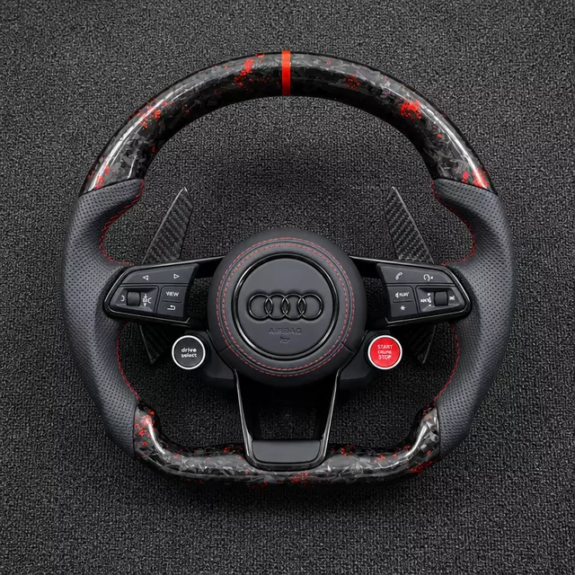 Audi R8 custom forged carbon fiber LED steering wheel with red center stripe and performance grip
