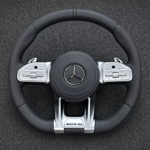 Mercedes C E GLC GLE AMG-style black perforated Nappa leather steering wheel with silver trim and shift paddles