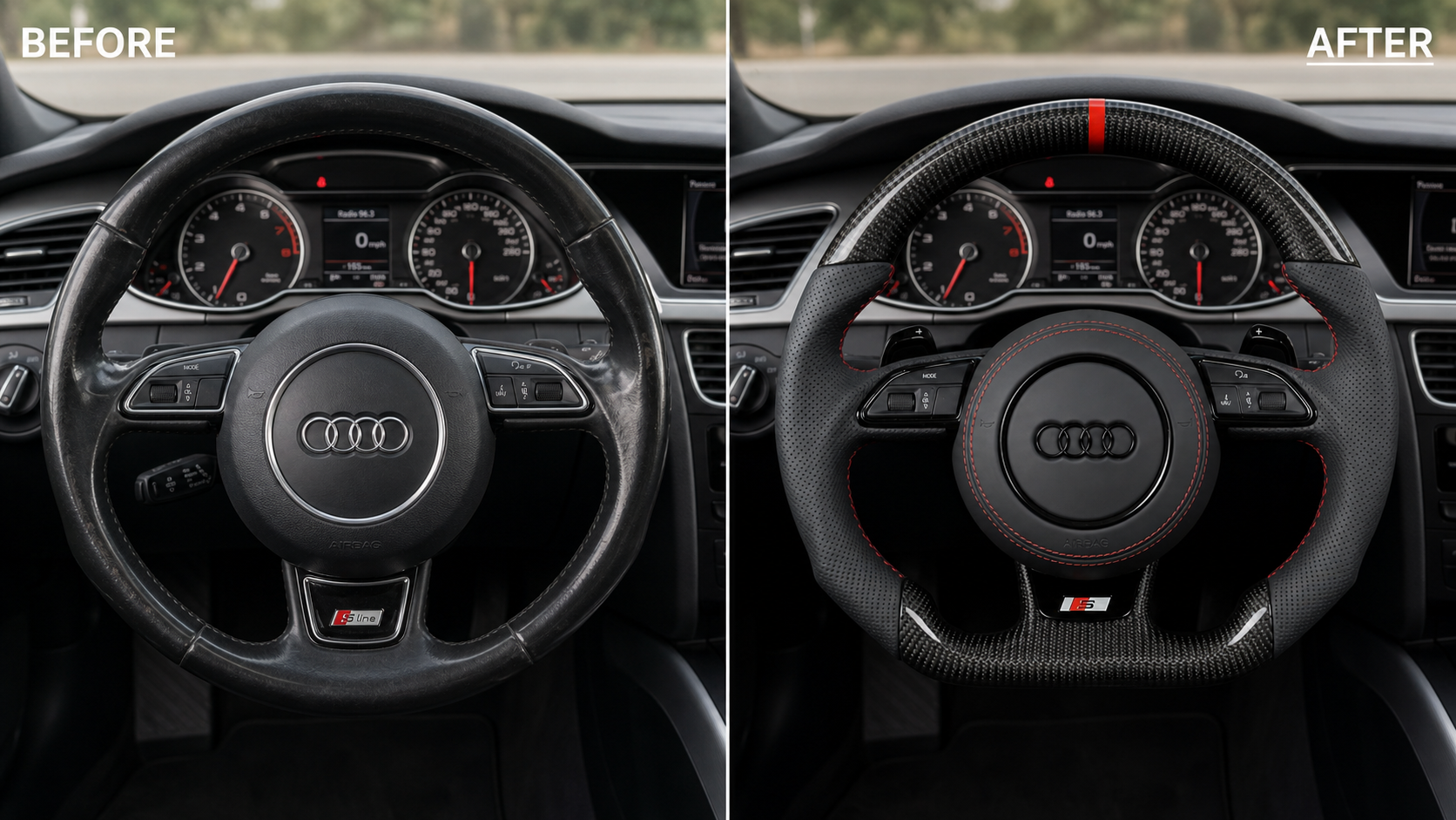 Before and after Audi A4 B9 custom flat bottom steering wheel replacement in perforated Nappa leather