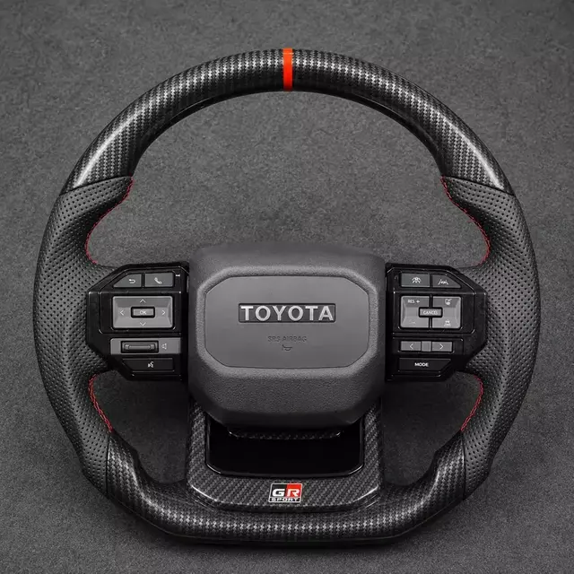 Toyota Tacoma custom carbon fiber steering wheel with red center stripe and Nappa leather grips
