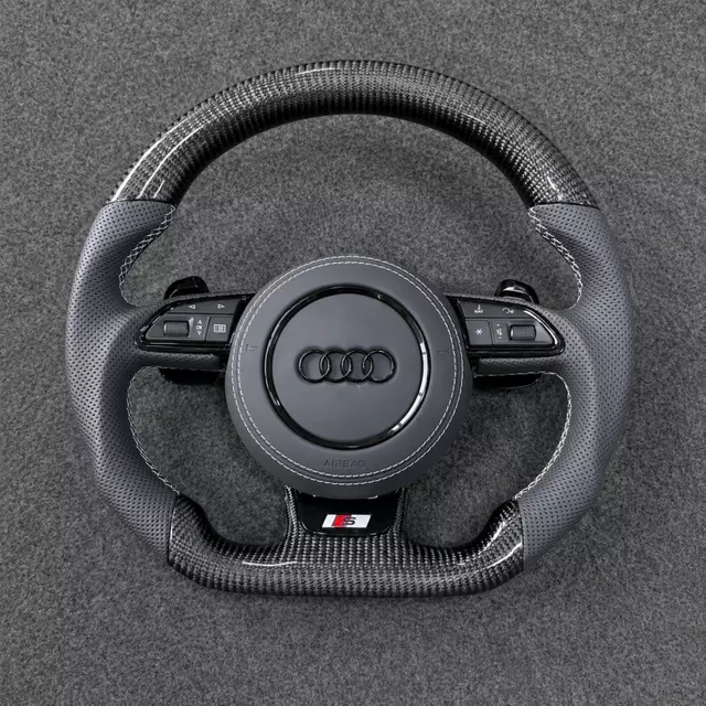 Audi flat bottom carbon fiber steering wheel, perforated gray leather, white stitching, S badge, multifunction buttons