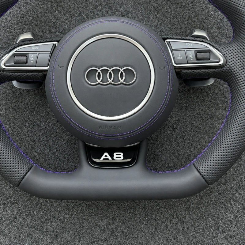 A8 badge and airbag cover with matching purple stitching for Audi performance steering wheel