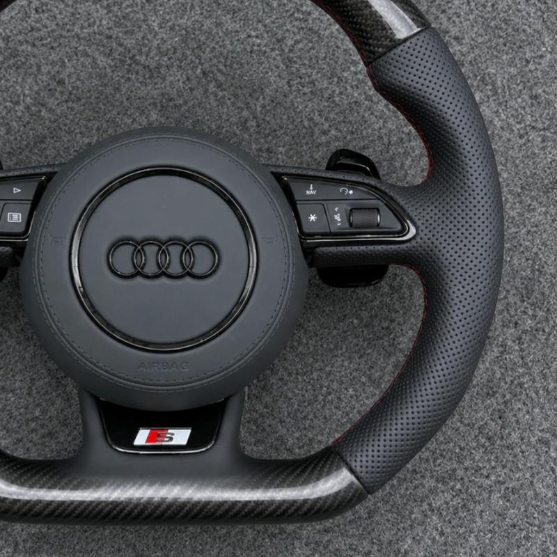 Audi A4 A5 carbon fiber flat bottom steering wheel glossy weave texture detail