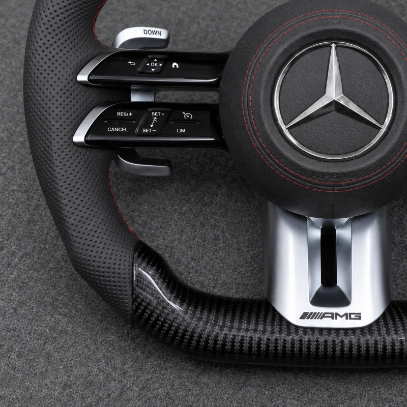 AMG GT Carbon Fiber Steering Wheel with Red Center Stripe and Red Stitching W205 W212 W190 W166 W177 W214 W216 W217 W218 W222 W253 W257 W463 W464