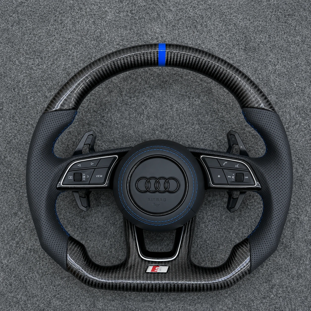 Heated Carbon Fiber Steering Wheel With Shift Paddles For Audi A4 A5 S4 S5 RS4 RS5 Perforated Leather Blue Marker Jionx