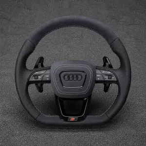 Custom Audi A3 8Y Alcantara flat-bottom wheel with perforated Nappa leather, light stitching and extended paddles