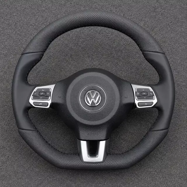 VW Golf Mk5-Mk6 perforated Nappa leather multifunction flat-bottom steering wheel with silver controls