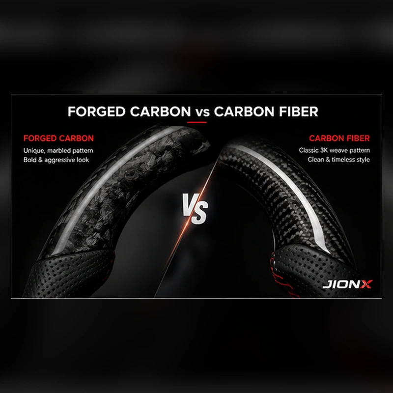 Forged carbon vs traditional carbon fiber steering wheel comparison with different weave styles