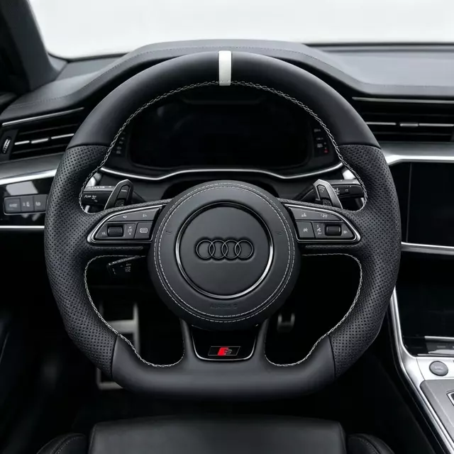 Installed Custom Flat Bottom Sport Steering Wheel For Audi A3 A4 A5 A6 A7 S Line White Stitch And White Top Marker JIONX
