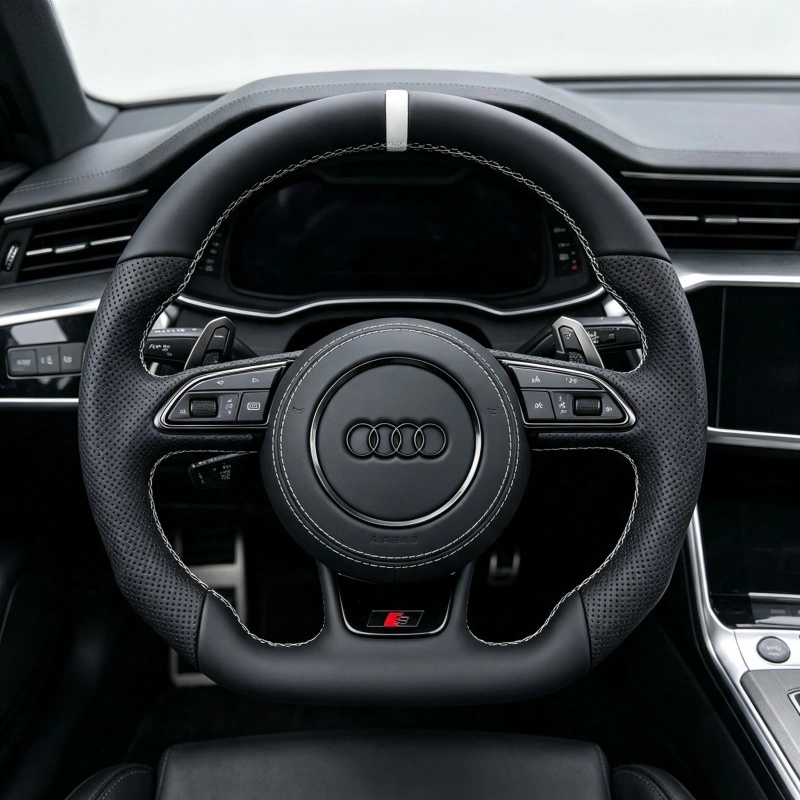 Installed Custom Flat Bottom Sport Steering Wheel For Audi A3 A4 A5 A6 A7 S Line White Stitch And White Top Marker JIONX