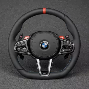 BMW M Performance black leather steering wheel with red center stripe, blue stitching, carbon fiber trim and M buttons
