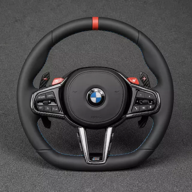 BMW M Performance black leather steering wheel with red center stripe, blue stitching, carbon fiber trim and M buttons