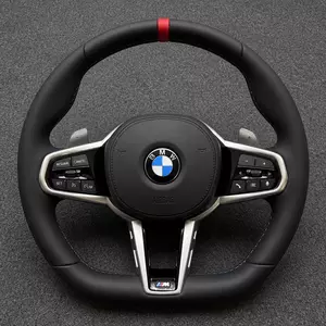 BMW M Performance black Nappa leather steering wheel with red center stripe, silver trim, controls and paddle shifters