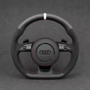 Custom Audi A3 8V Alcantara and Nappa leather flat-bottom steering wheel with red stitching and white center stripe