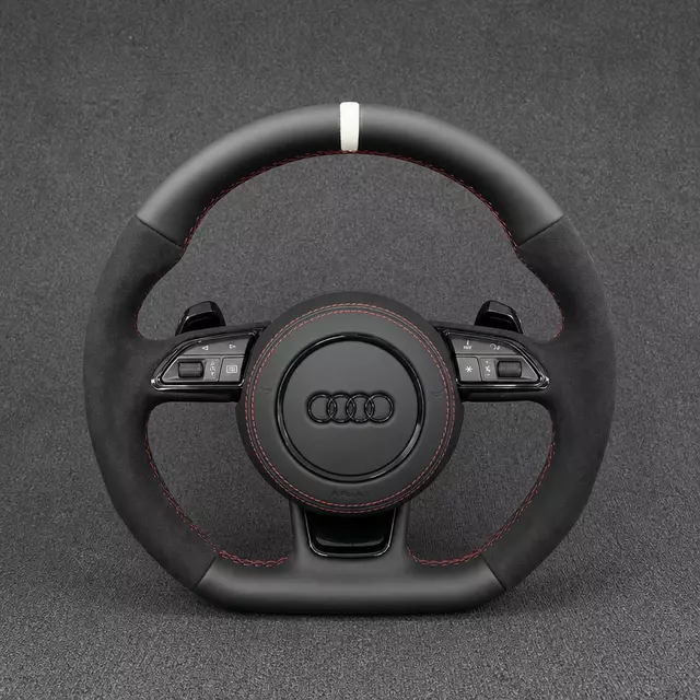 Custom Audi A3 8V Alcantara and Nappa leather flat-bottom steering wheel with red stitching and white center stripe