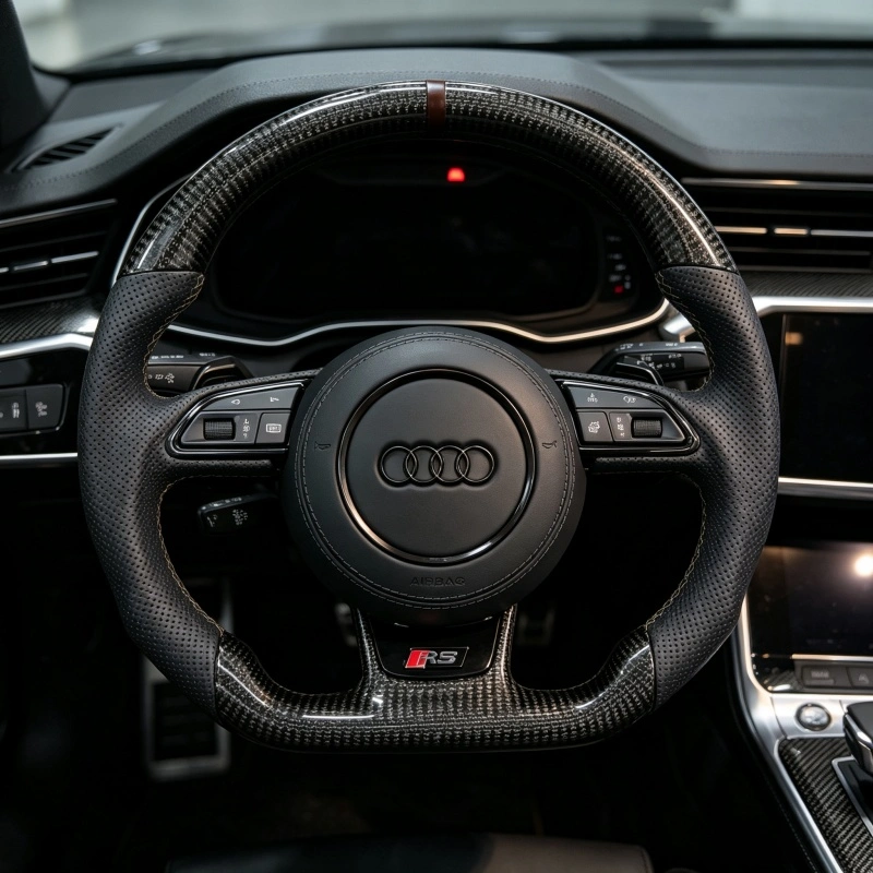 Installed cabin view of Audi RS carbon fiber steering wheel with dark brown 12 o'clock straight mark perforated Nappa leather JIONX