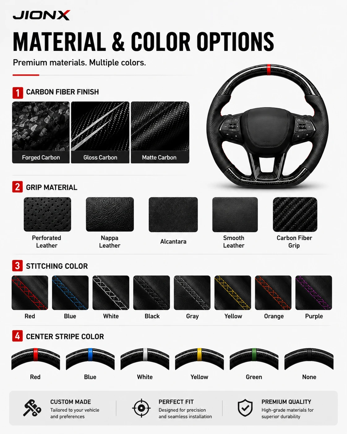 JIONX Dodge steering wheel material color and stitching customization options