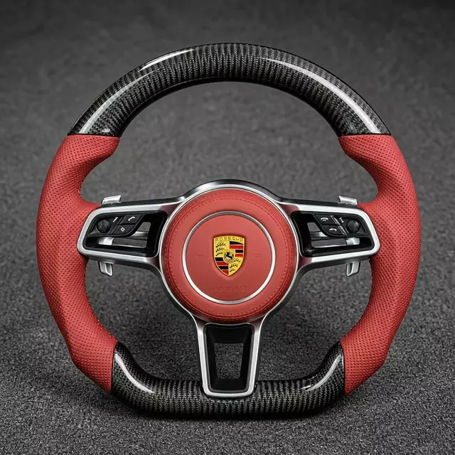 Porsche Taycan custom carbon fiber steering wheel with red perforated leather grips