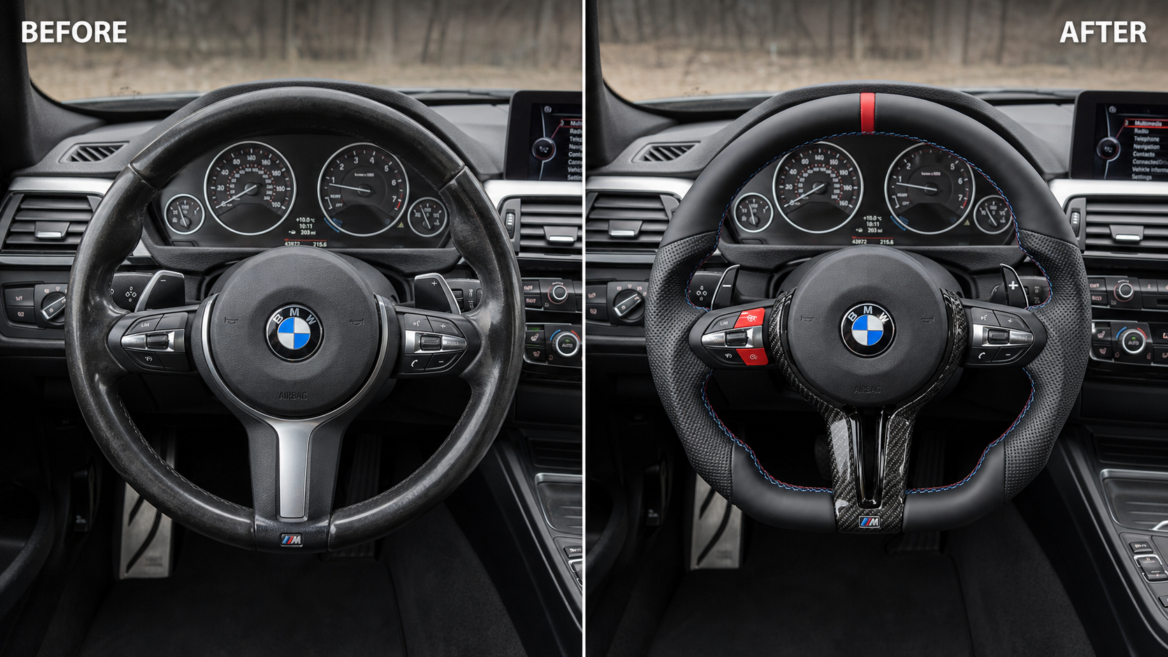 Before and after BMW F30 custom flat bottom steering wheel replacement in black Nappa leather and carbon fiber