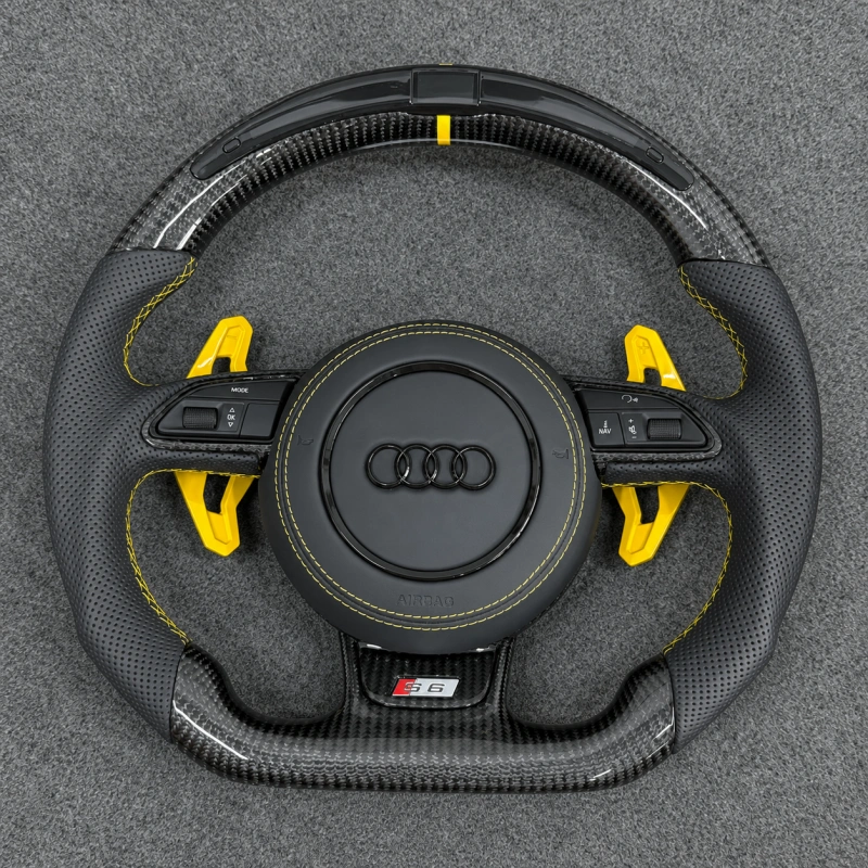 JIONX Audi A4 A5 S4 S5 RS3 RS5 RS7 carbon fiber LED flat bottom wheel semi perforated leather custom replacement yellow marker & paddles