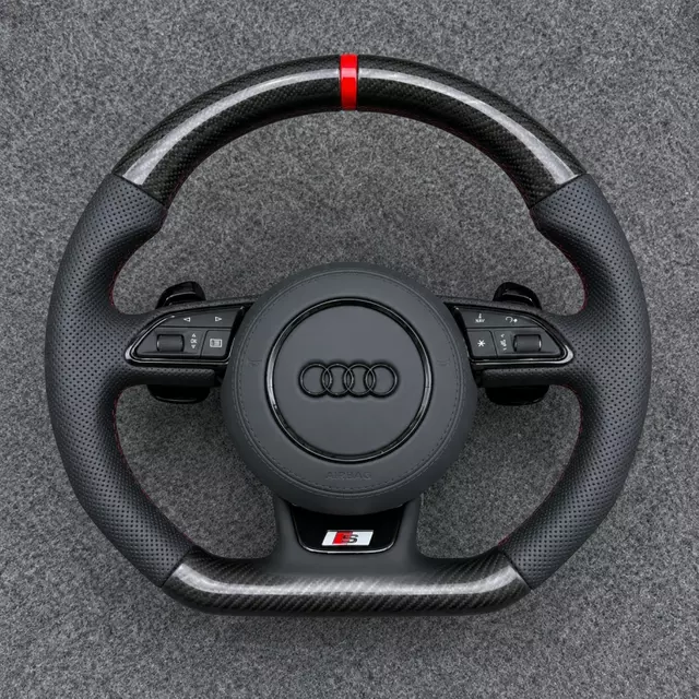 JIONX Audi A4 A5 carbon fiber flat bottom steering wheel with red stitching