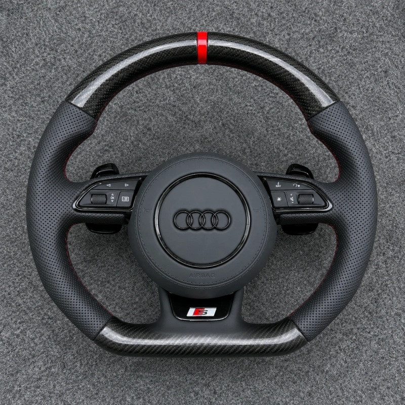 JIONX Audi A4 A5 carbon fiber flat bottom steering wheel with red stitching