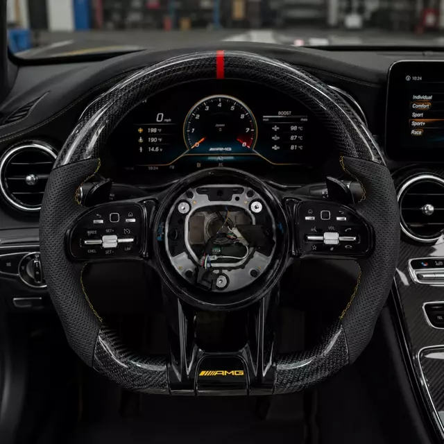 Plug and Play AMG Steering Wheel Carbon Fiber Black Leather for Mercedes Benz W204 W205 W212 W213 C63S G63 GLC GLE
