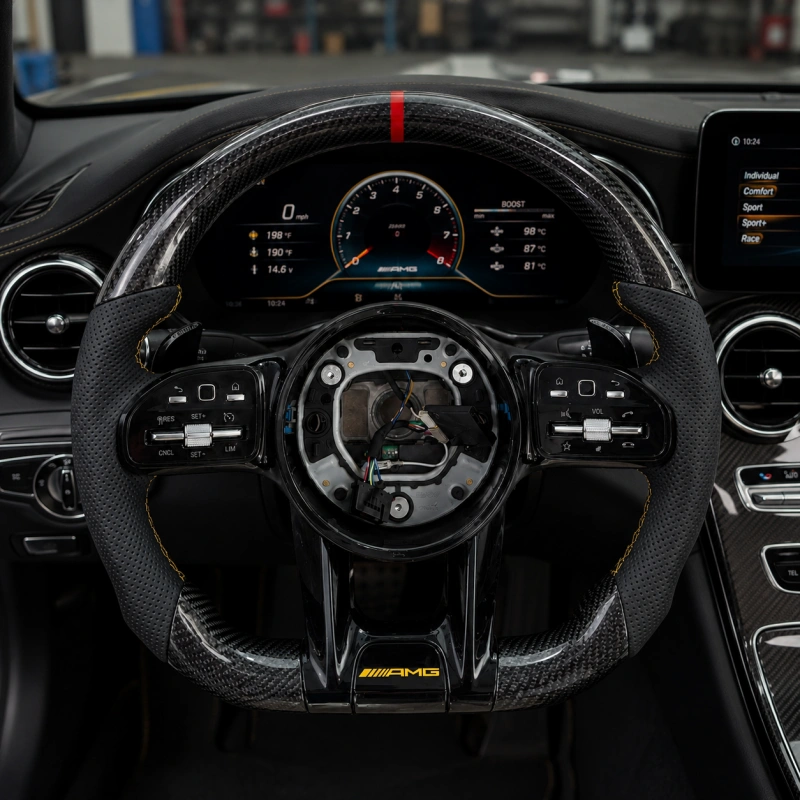 Plug and Play AMG Steering Wheel Carbon Fiber Black Leather for Mercedes Benz W204 W205 W212 W213 C63S G63 GLC GLE