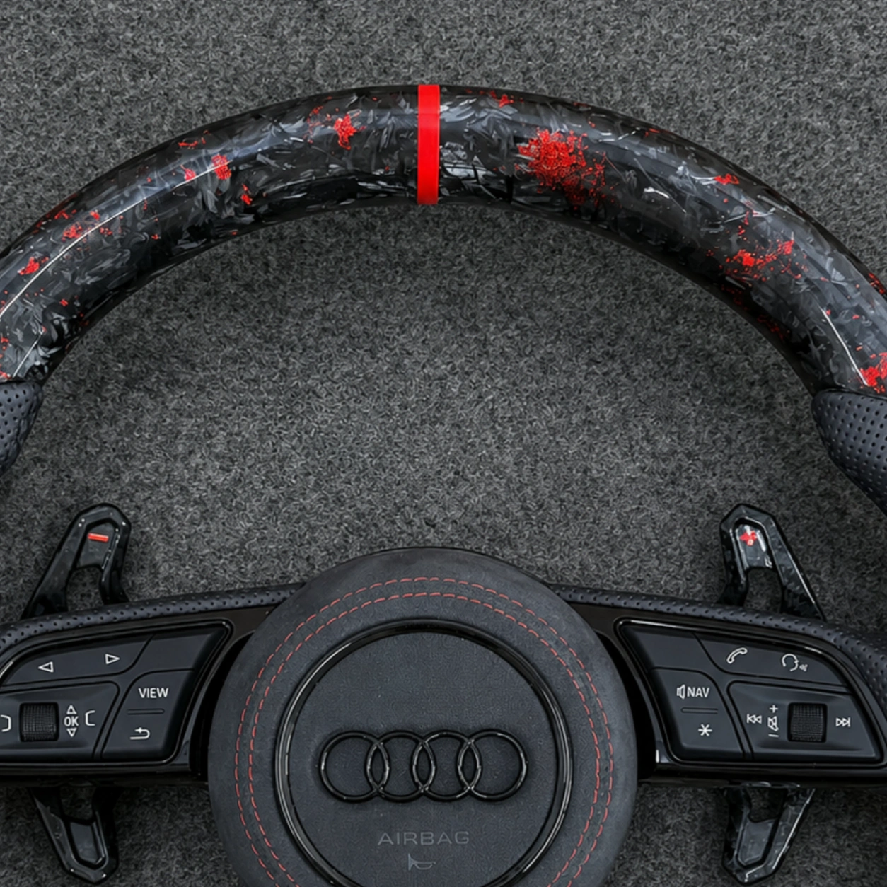 Close Up Red Flake Forged Carbon Fiber Texture On Audi Sport Steering Wheel JIONX