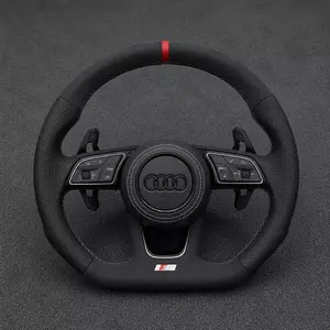 Custom Audi A3 8Y Alcantara flat-bottom wheel with perforated Nappa leather, red center stripe and extended paddles