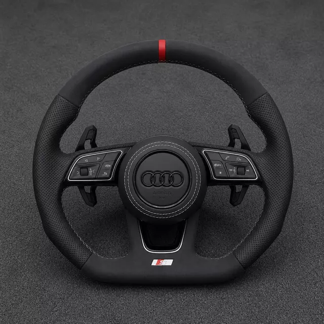Custom Audi A3 8Y Alcantara flat-bottom wheel with perforated Nappa leather, red center stripe and extended paddles