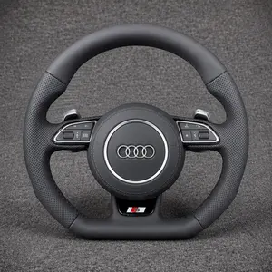 Custom Audi A8 D Series black flat-bottom wheel in smooth and perforated Nappa leather with silver shift paddles