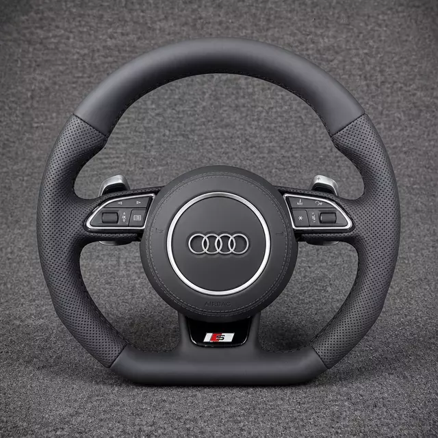 Custom Audi A8 D Series black flat-bottom wheel in smooth and perforated Nappa leather with silver shift paddles