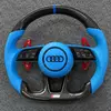 JIONX custom sport steering wheel for Audi A7 S7 RS7 C7, glossy carbon fiber with blue perforated leather grip and carbon fiber paddle shifters